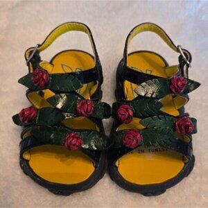 Pom D'Api Black Patent Sandals w Red and Green Rose Accents